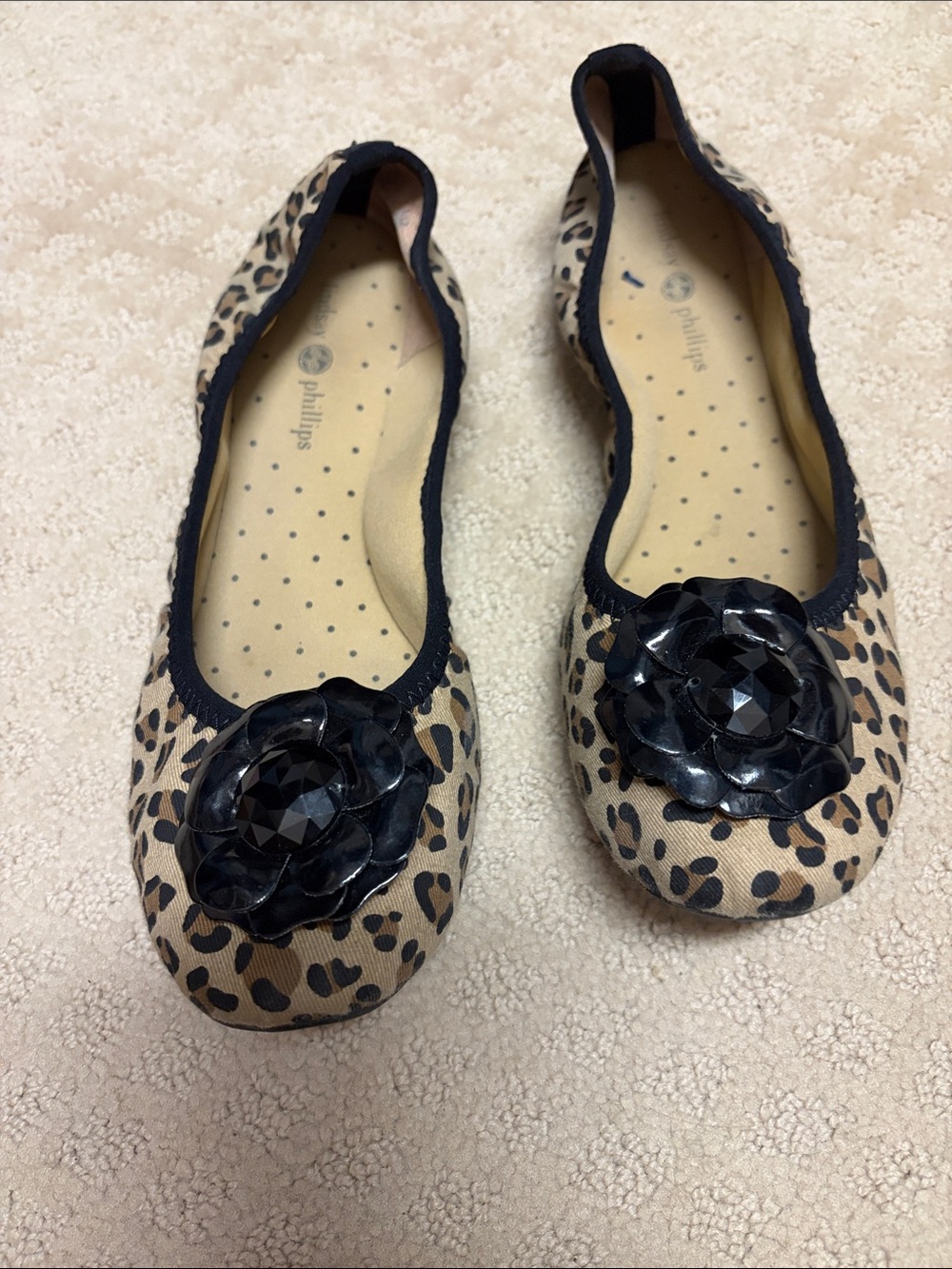 Lindsay Phillips Beige Leopard Ballet Flats with Black Floral Accent